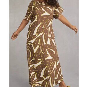 NWT Anthropologie WHIT TWO Banana Leaf Linen Midi Dress Brown Beige XS